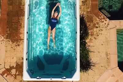 Faru schwimmt im Pool